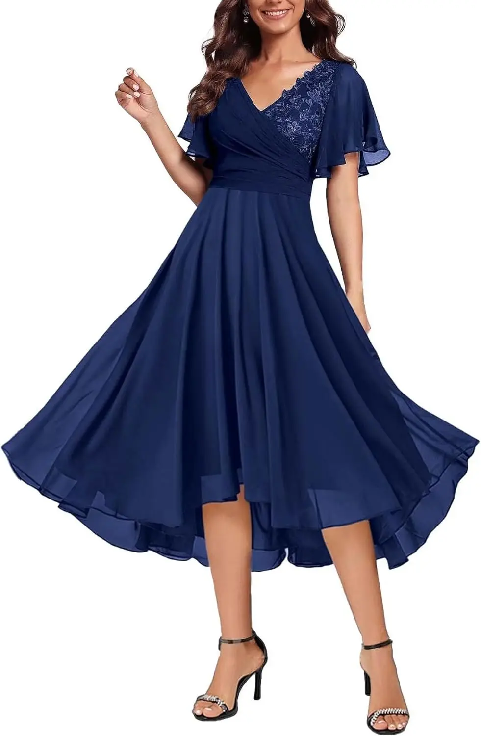 

Short Sleeve Mother of The Bride Dress Chiffon V Neck Petite Wedding Guest Formal Gowns for Women
