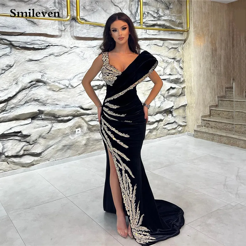 Smileven Black Algeria Caftan Evening Dress Beading Lace Off The Shoulder Elegant Mermaid Velvet Arabic Party Dress Customized