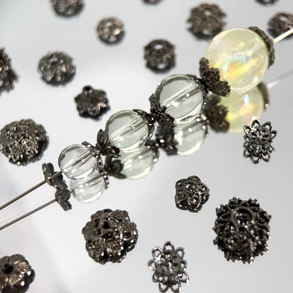 10pcs Gunblack Alloy Flower Cap Hollowed Spacers Bead Caps For DIY Bracelet Keychain Crafts Jewelry Accessories Materials