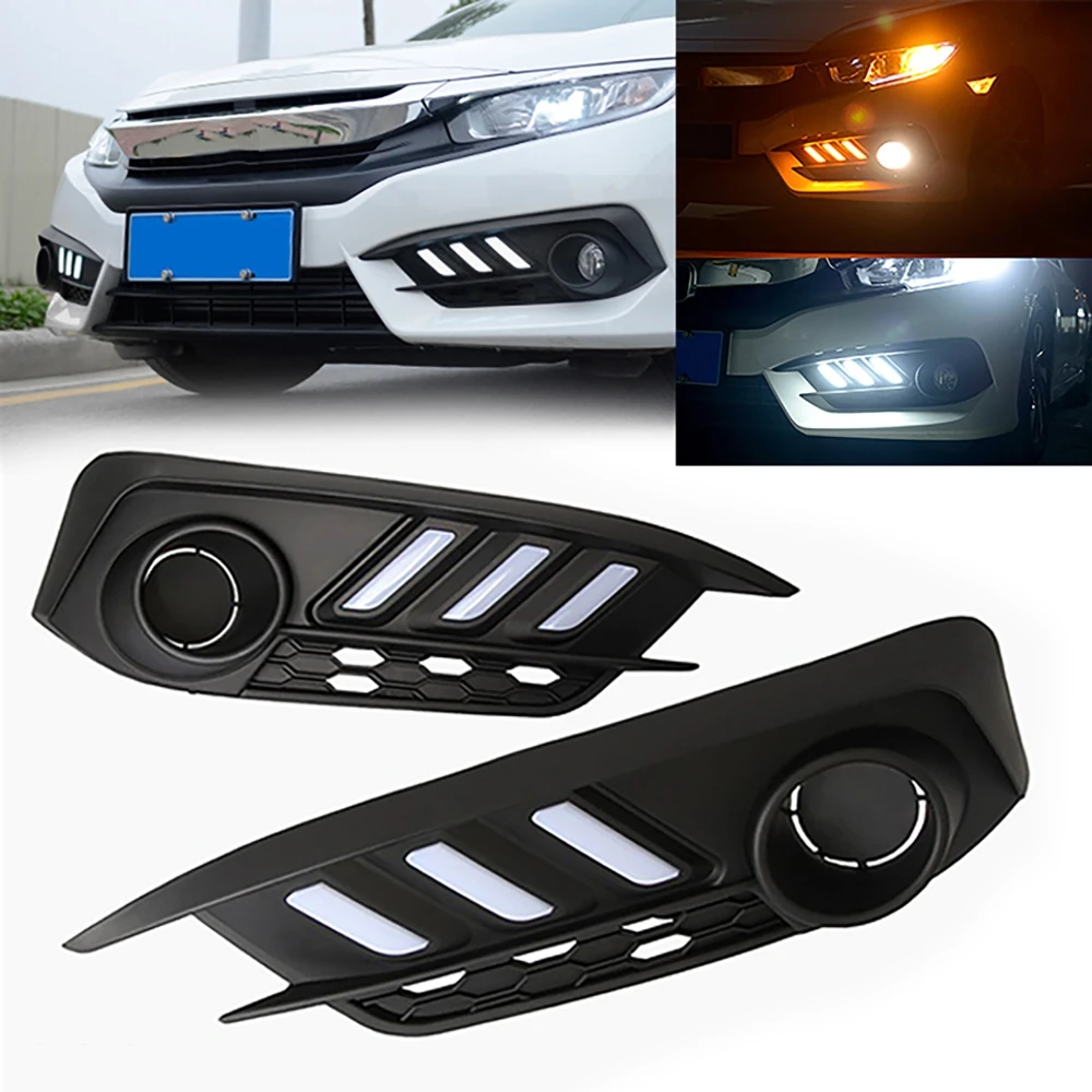 

LED Daytime Running Light White DRL Fog Lamps for Honda Civic 10th Gen Sedan 2016-2019 Amber Turn Signal Light Modification