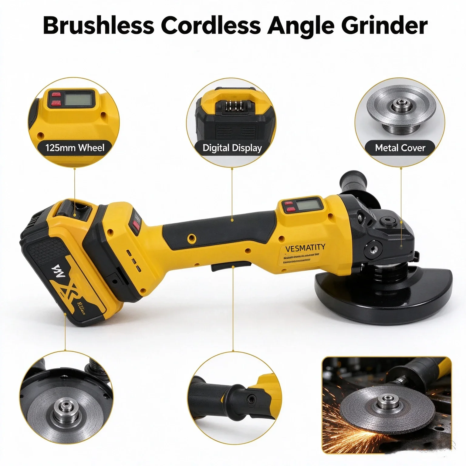 125mm Brushless Electric Angle Grinder Digital Display Cordless Grinding Polishing Machine For Metal Wood Work,No battery