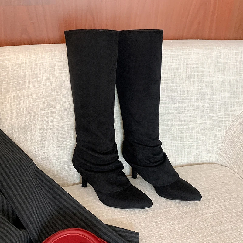 ESVEVA 2027 Fashion Velvet Suede Women Mid Calf Boots News Winter Western Woman Shoes High Heels Pleated Autumn Long Boots 34-40