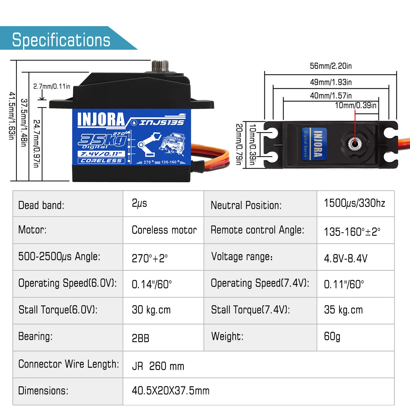 INJORA INJS135 35KG Waterproof Large Torque Digital Coreless Servo for RC Car Crawler Truck SCX10 TRX4 Robot Model (270 degrees)