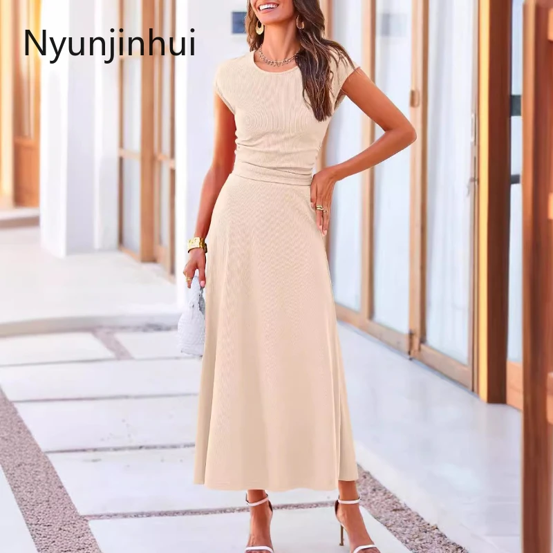 

Лето 2022, новый повседневный вязаный укороченный топ с короткими рукавами в европейском и американском стиле, длинная юбка с высокой талией, комплекты из двух предметов, женские наряды