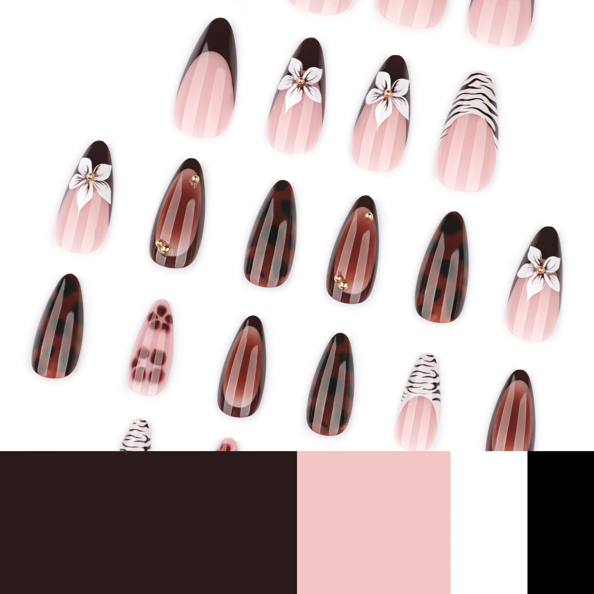 24 szt. Retro Brązowe Naklejane Paznokcie Słodkie, Modne Kwiatowe Wzory Nadrukowane Sztuczne Paznokcie Do Noszenia Jesień Zima Francuski Styl Migdałowe Sztuczne Końcówki Paznokci