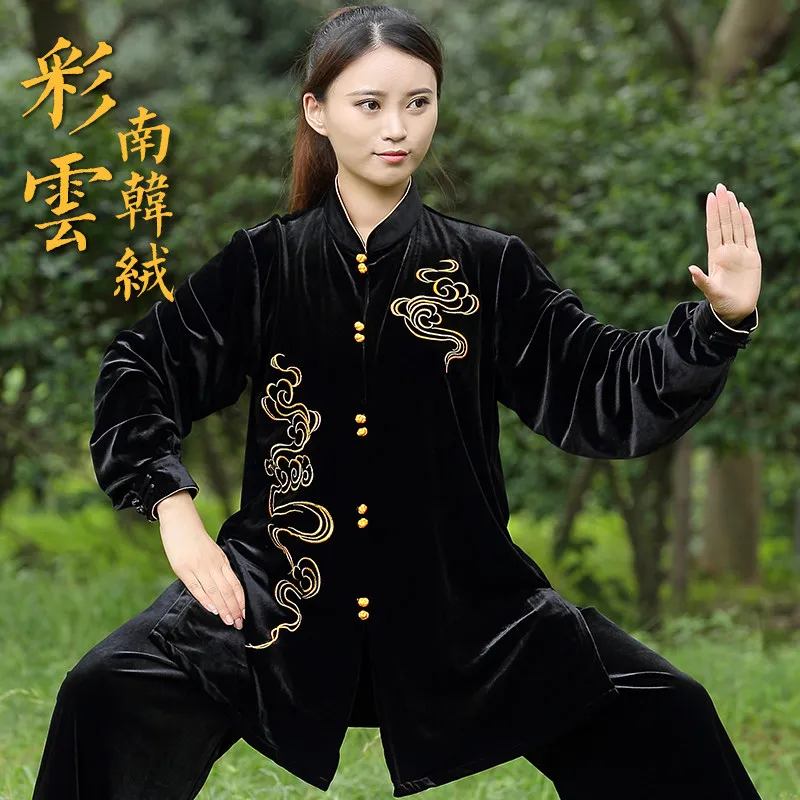 Thick Korean Velvet Tai Chi Suit – Colorful Cloud Embroidery Mid-Length Performance & Practice Uniform for Autumn Winter