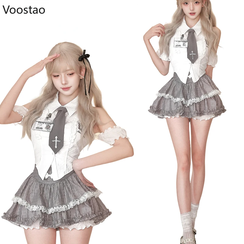 Kawaii Lolita Style 2 Piece Set Women Preppy Sweet White Shirt Tops Ruffle Mini Cake Skirt Suit Female Korean Gothic Y2k Outfits