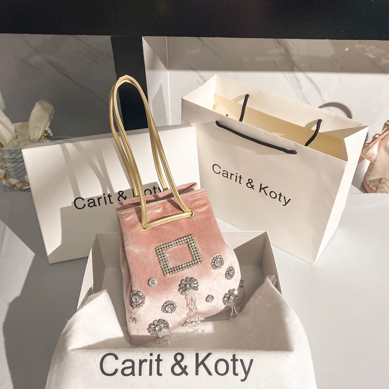 

2022 spring banquet dress all-match velvet bucket bag drawstring hand-held one-shoulder crossbody rhinestone flower women's bag