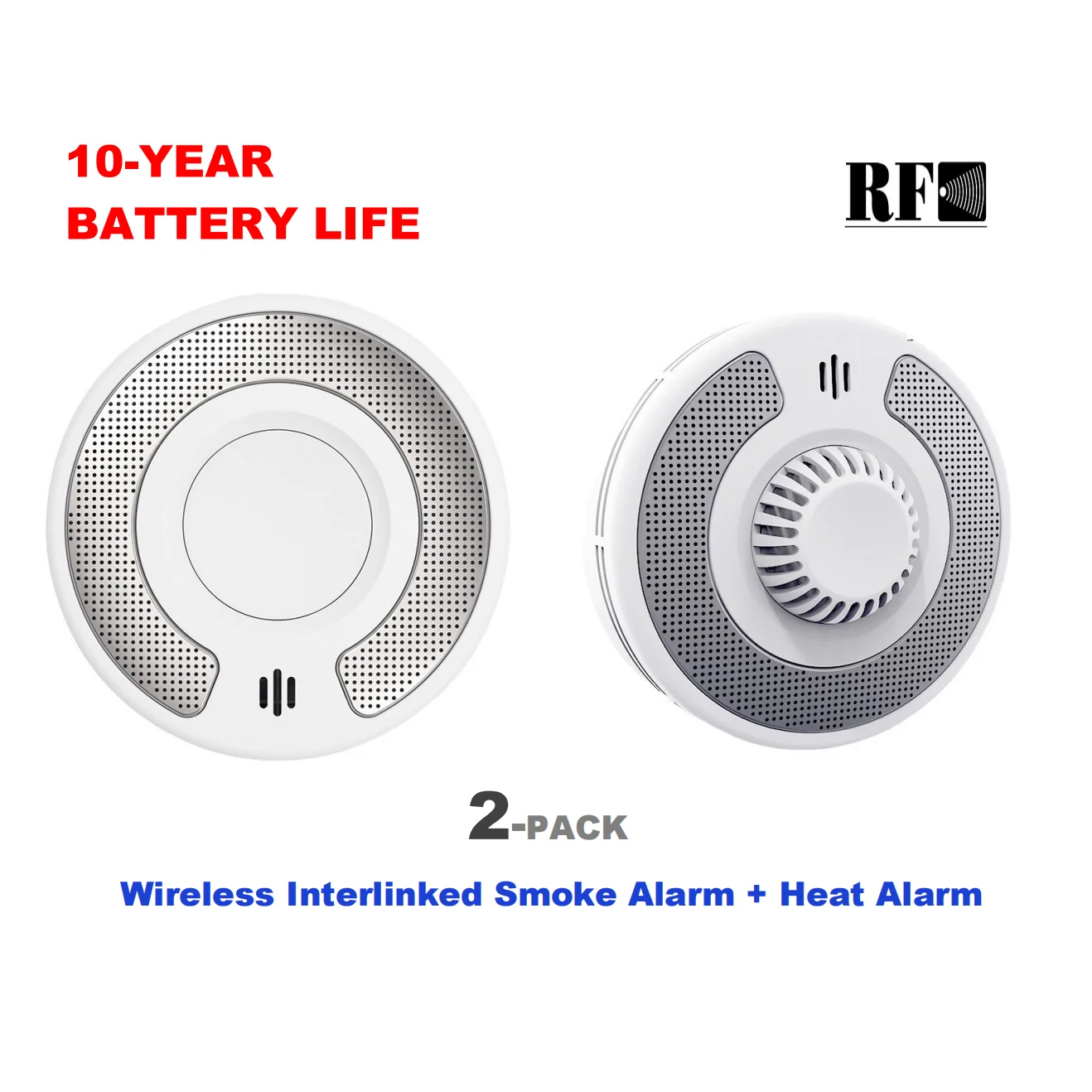 إنذار الدخان والحرارة، عمر البطارية المختوم لمدة 10 سنوات، حزمة إنذار للدخان والحرارة المترابطة للمنزل، عبوتان (دخان واحد وحرارة واحدة)
