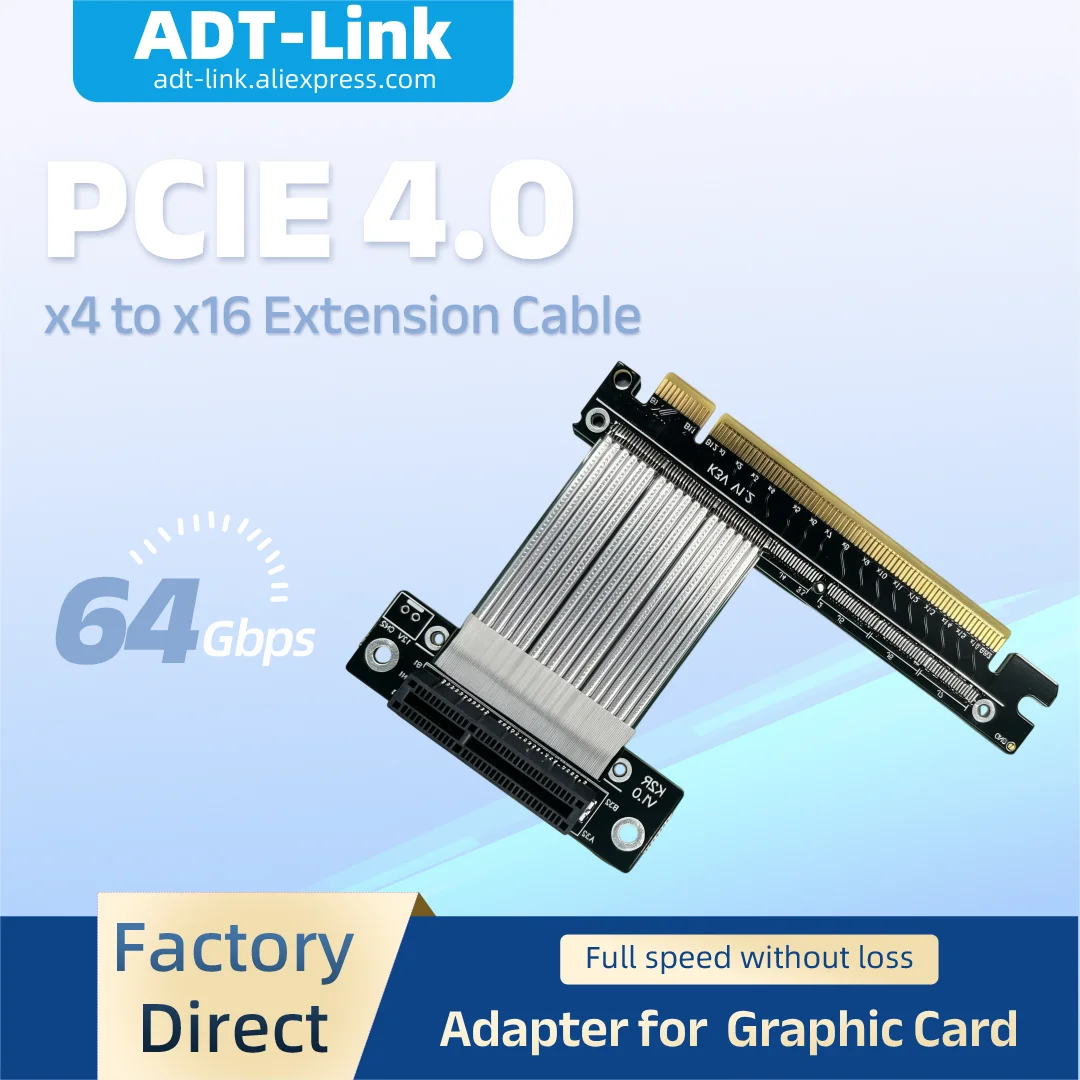 ADT-Link 64Gbps Gen4 PCI-E 4.0 x4 to x16 Riser Adapter Graphic Card Extension Cable Supports Network Card Hard Drive USB Card