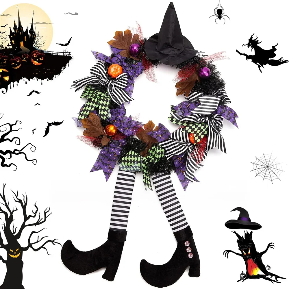 Halloween Wreath Decorations for Front Door Outdoor, Vintage Halloween Witch Leg Pumpkin Maple Leaf Decor Garland for Party Deco