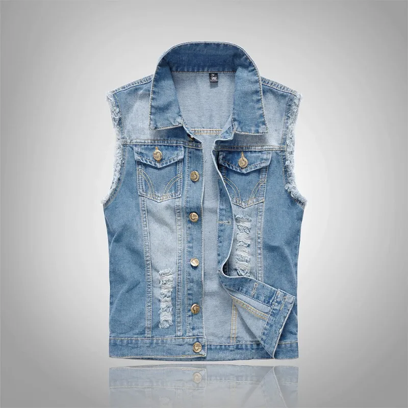 

Korean Style Mens Light Blue Denim Vest Fashion Motorcycle Biker Sleeveless Waistcoat with Rips