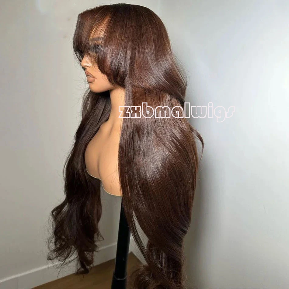 شعر مستعار صناعي بني بلون الشوكولاتة مع غرة، شعر مستعار بدانتيل أمامي للنساء ذوات البشرة السمراء، شعر أطفال منزوع مسبقًا يوميًا