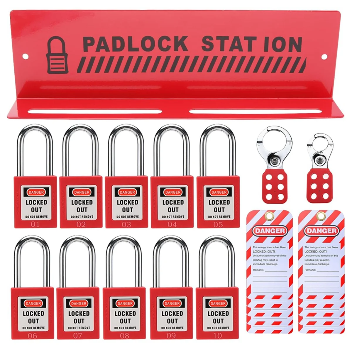 

Lockout Tagout Station with 10 Keyed Different Safety Padlocks 2 Hasps and 10 Lockout Tags, Iron Loto Locks Rack