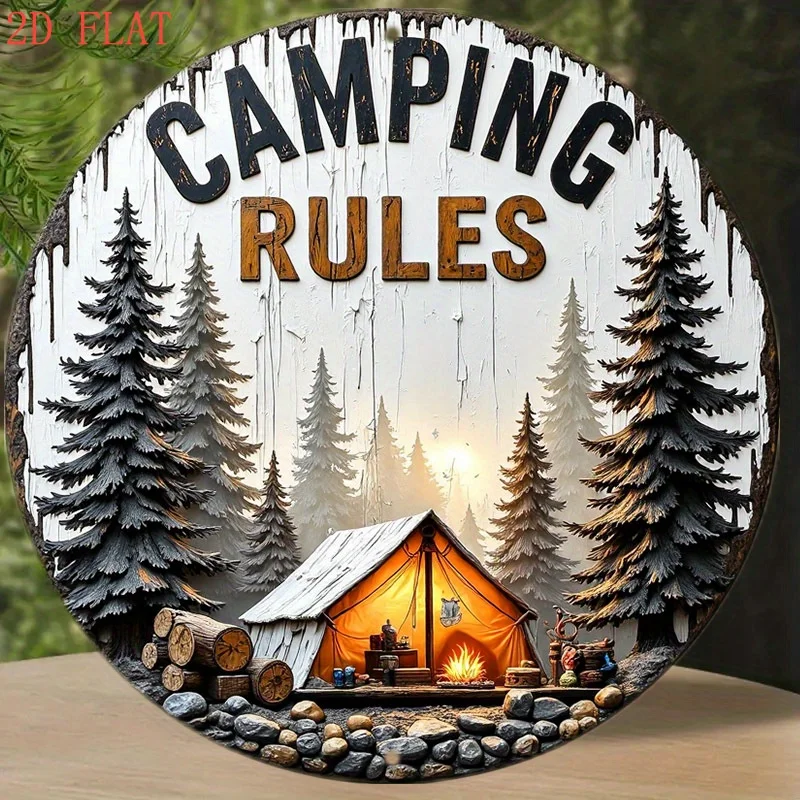 [2D Flat] 8 Inch Round Aluminum Wall Sign - Camping Rules with Tent & Pine Trees Design | Rustic Home Decor for Indoor/Outdoor