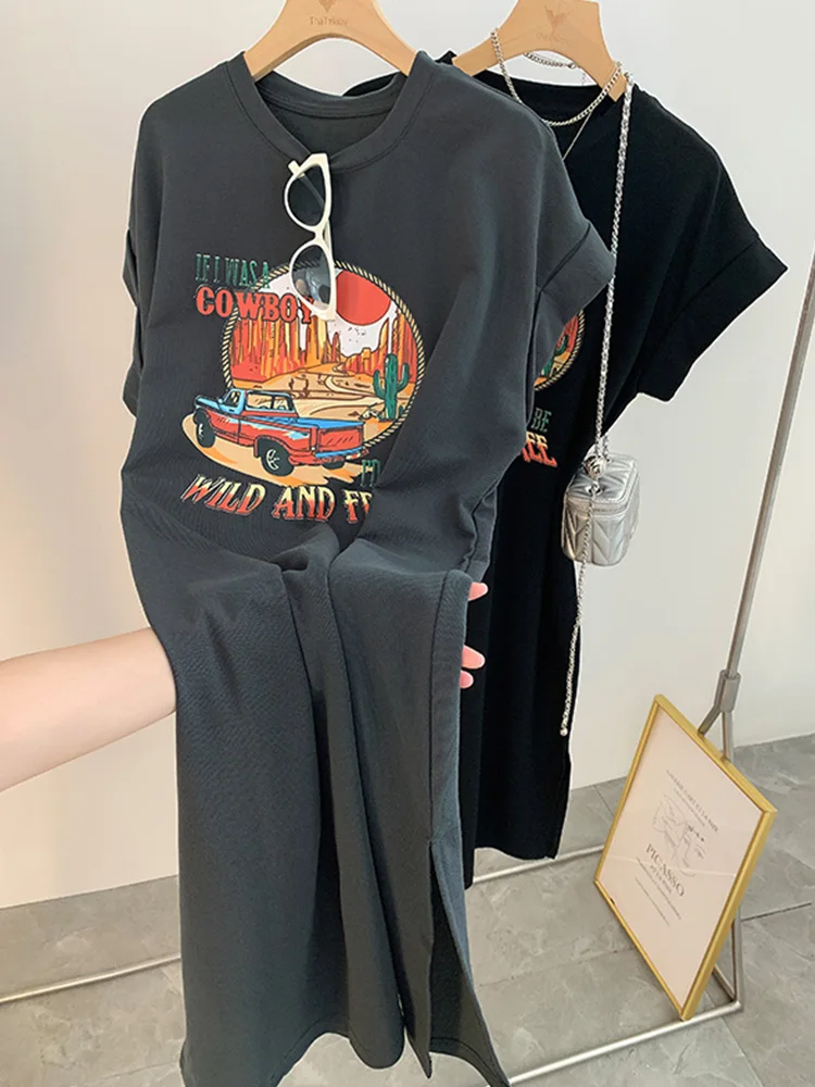 American Retro Short Sleeve T-Shirt Dress Women Summer New Loose Large Size Casual Slit Long Dress Casual round Neck Tunic
