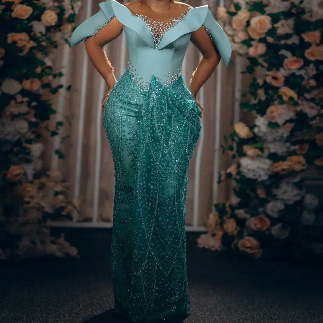 

Crystals Full Sleeves Illusions Mermaid Gorgeous Long Evening Dresses Sky Blue Evening Dresses Women Formal Gowns Customized