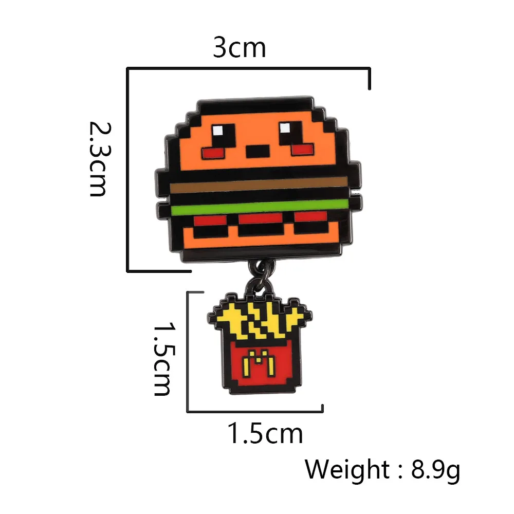 Funny Pixel Art Hamburger Enamel Pins Creative Cute Burger with Dangle French Fries Brooches Retro Food Badge Backpack Lapel Pin