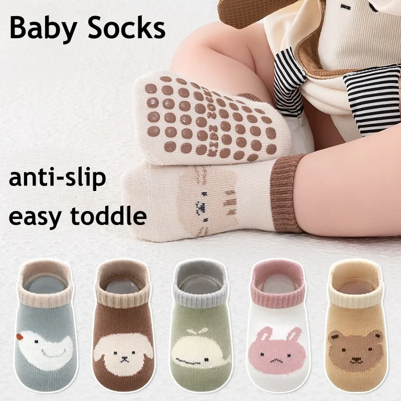 

6 Pairs Kids Non-Slip Socks Cotton Cute Cartoon Bird and Bear Pattern Childrens Boys Girls Floor Socks Comfortable for Toddler