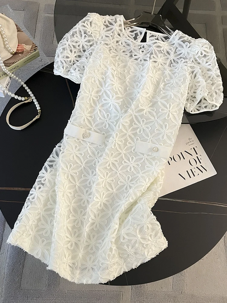 

Elegant Lace Hollow out Short Sleeve Dress Women's Summer Fashion White Dress Natural Waist Cinched A-Line Skirt