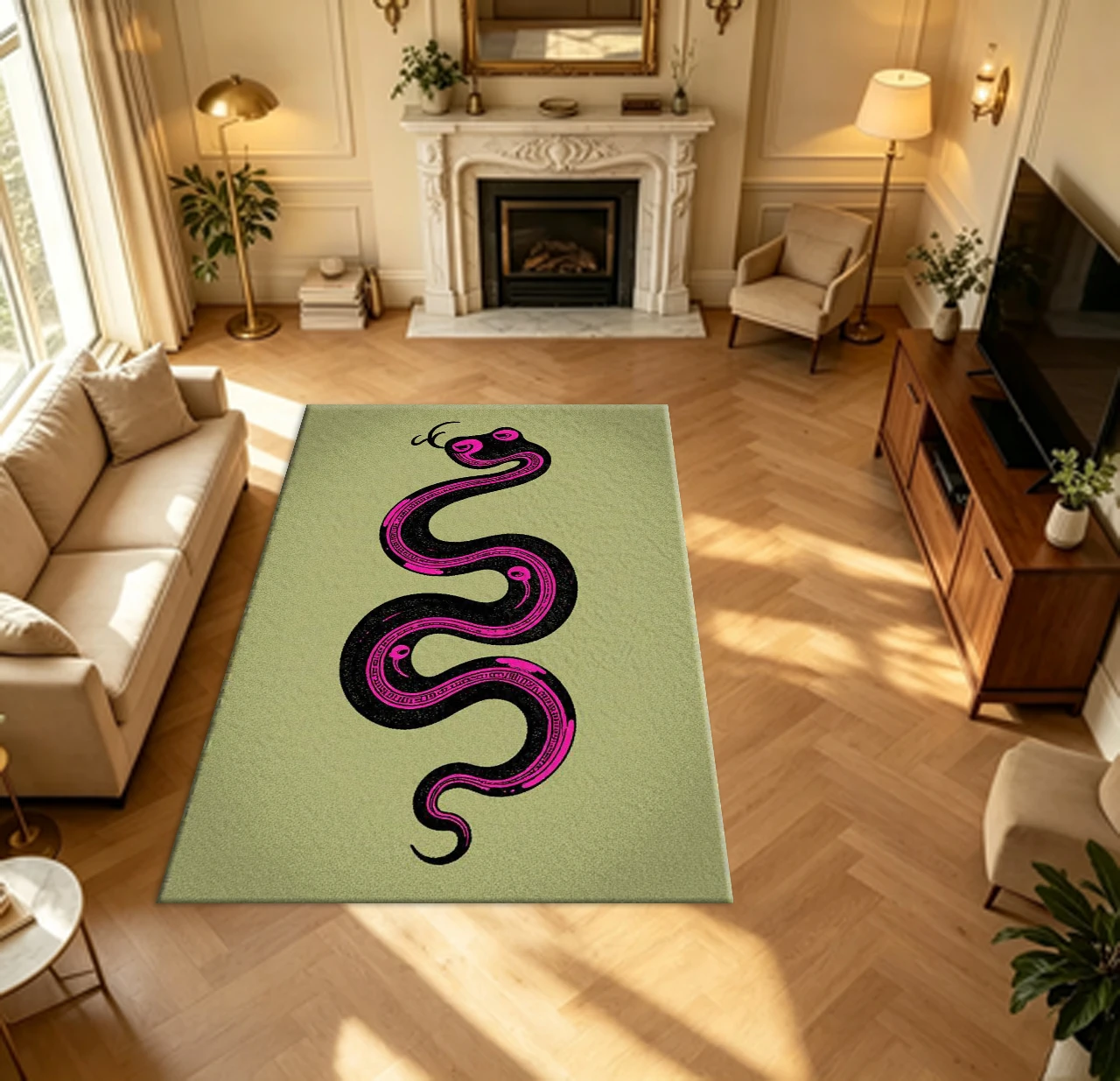 Vintage Art Snake Graphic Carpet Flooring Retro Bold Pink Black Print Household Living Space Decor Indoor Floor Area Rug