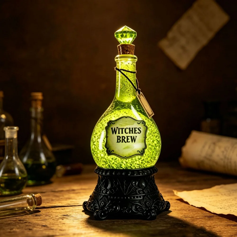 Funny Witches' Brew Potion Bottle Glitter Globe with Led Lights Resin Sparkling Powder Bottle Crafts Halloween Party Decoration
