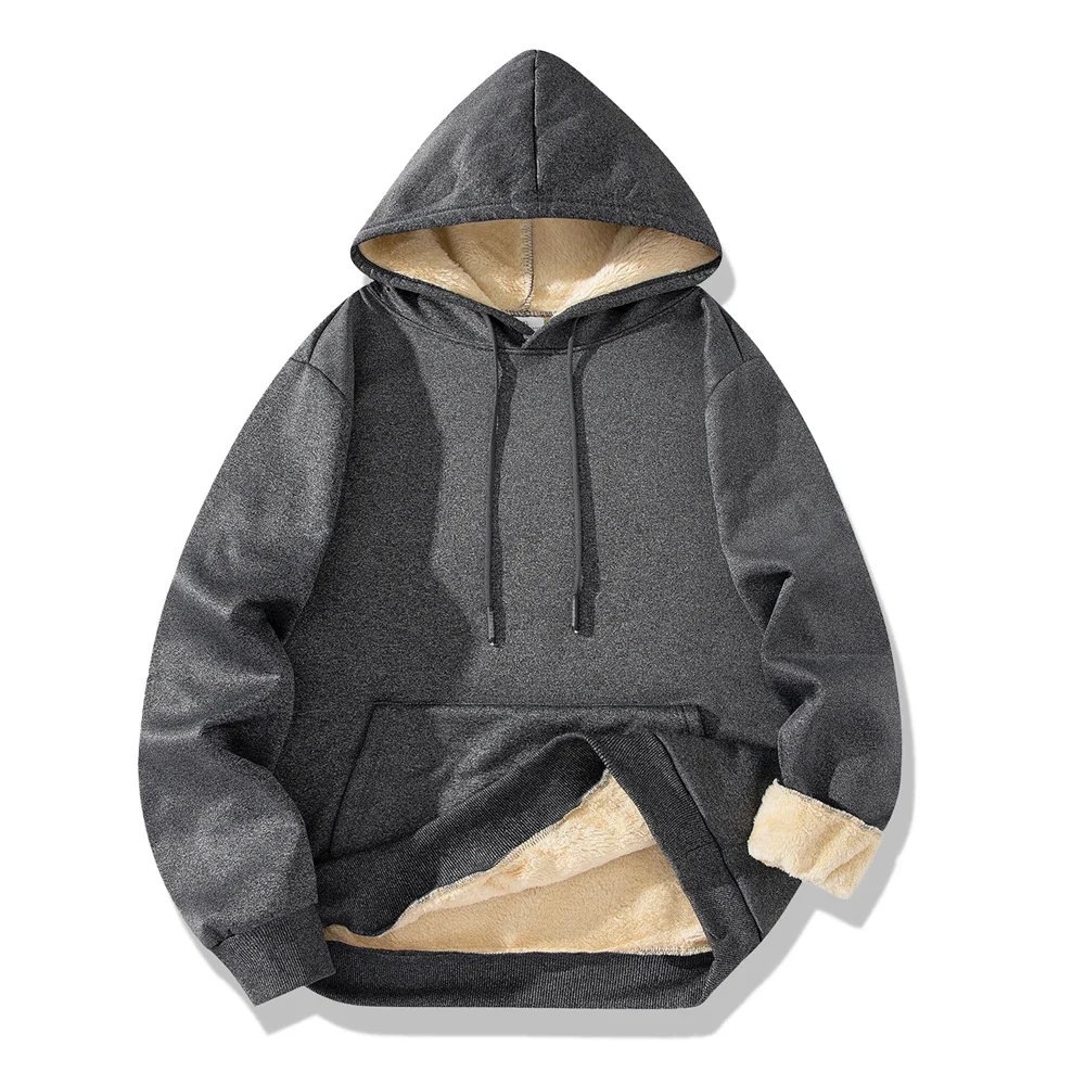 Men\'s Winter Warm Hoodies Sports Thick Sweatshirts Windproof Thermal Casual Solid Color Loose Long Sleeve Pullover Streetwear