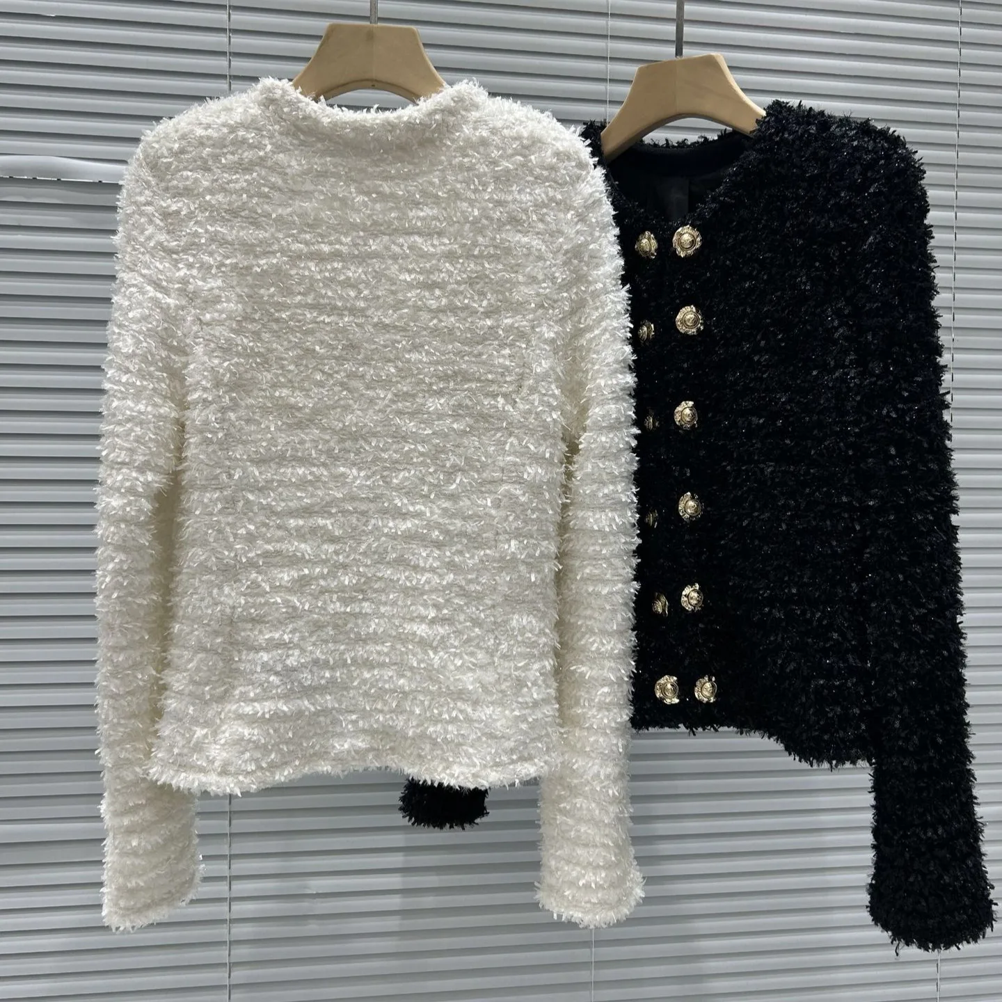 سترة نسائية محبوكة راقية طويلة Sve مستديرة Ne مفتوحة سترة Jaet Parisian فاخرة Sle صف مزدوج ذهبي أزرق إلي #3