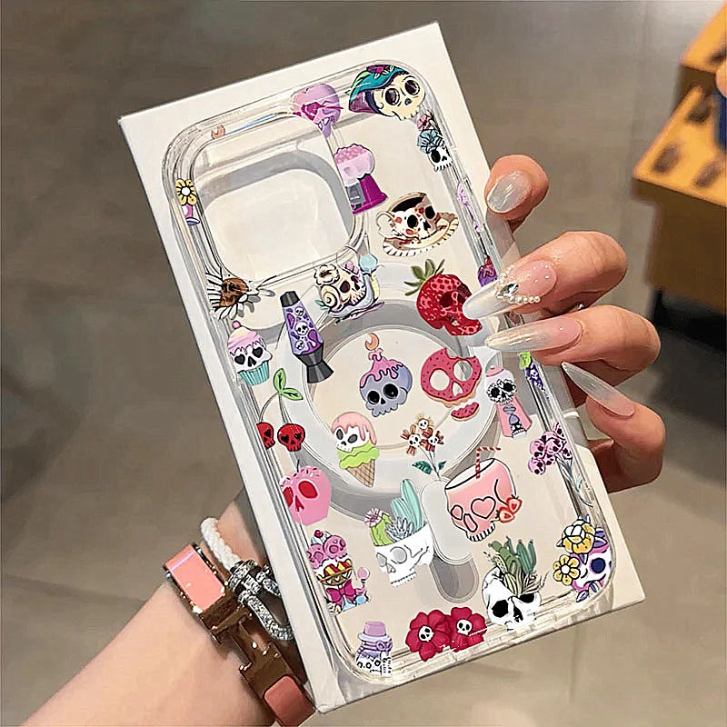 

Creative Skeleton Design Phone Case for iPhone 16 15 14 13 12 11 Pro Max 16e 7 8 Plus X XR XS Halloween Magnetic Clear PC Cover