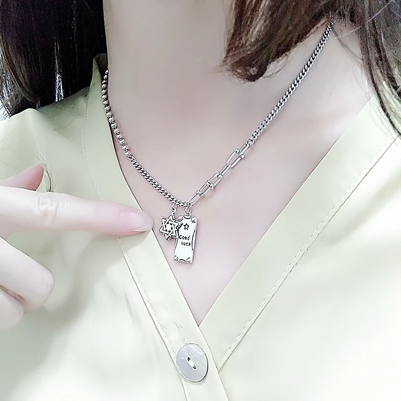 WYEAIIR Retro Thai Silver Geometric Six Point Star Square Military Card 925 Sterling Silver Pendant Necklace For Women Jewelry