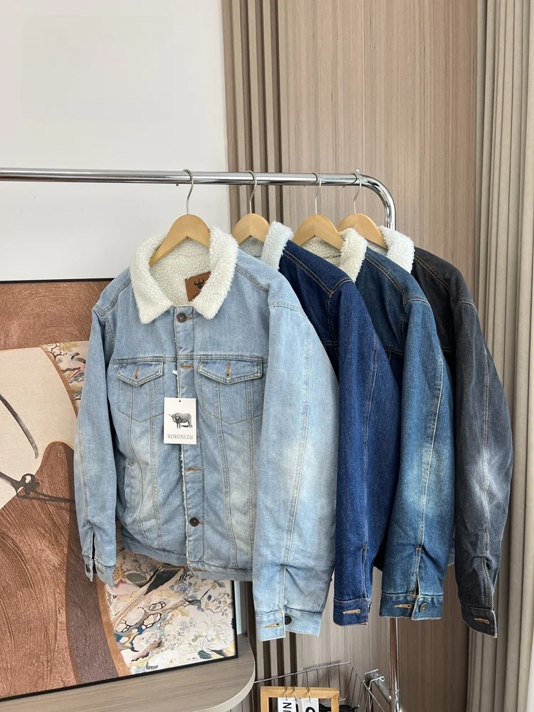 

Мужская повседневная джинсовая куртка с лацканами, внутренний искусственный бархат ягненка, осень-зима, свободная посадка, длинная све, молодежная верхняя одежда Faion