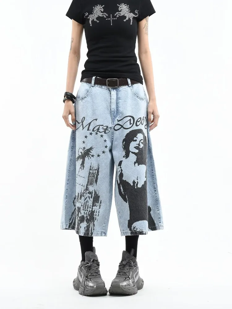 Women's Fashionable Printed Patterns Denim Shorts Girl Summer Pants Wide Leg Calf-length Trousers Female High Waist Capris Jeans