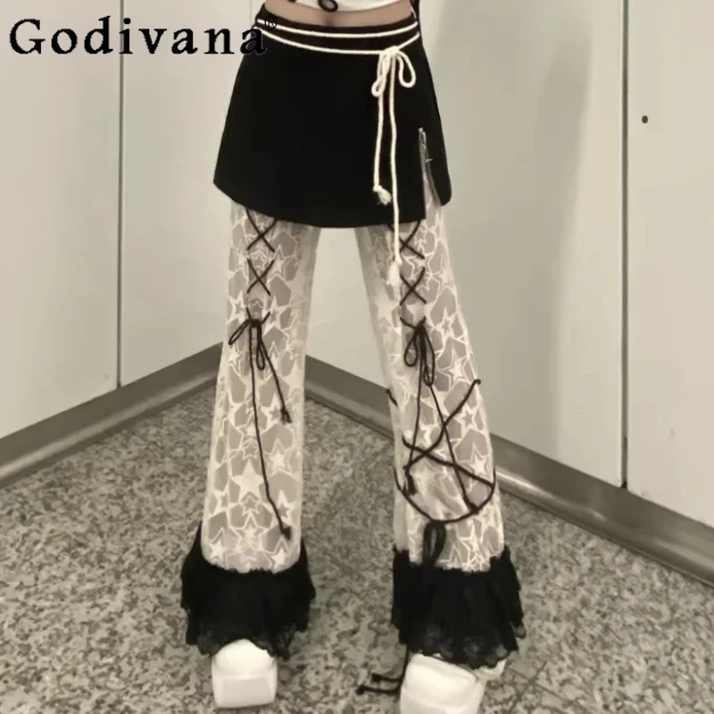 

New Versatile Y2K Chic Sexy Loose Subculture Lace-up Trousers Elegant Spring Autumn Fashion Lace High Waist Girl Flared Pants