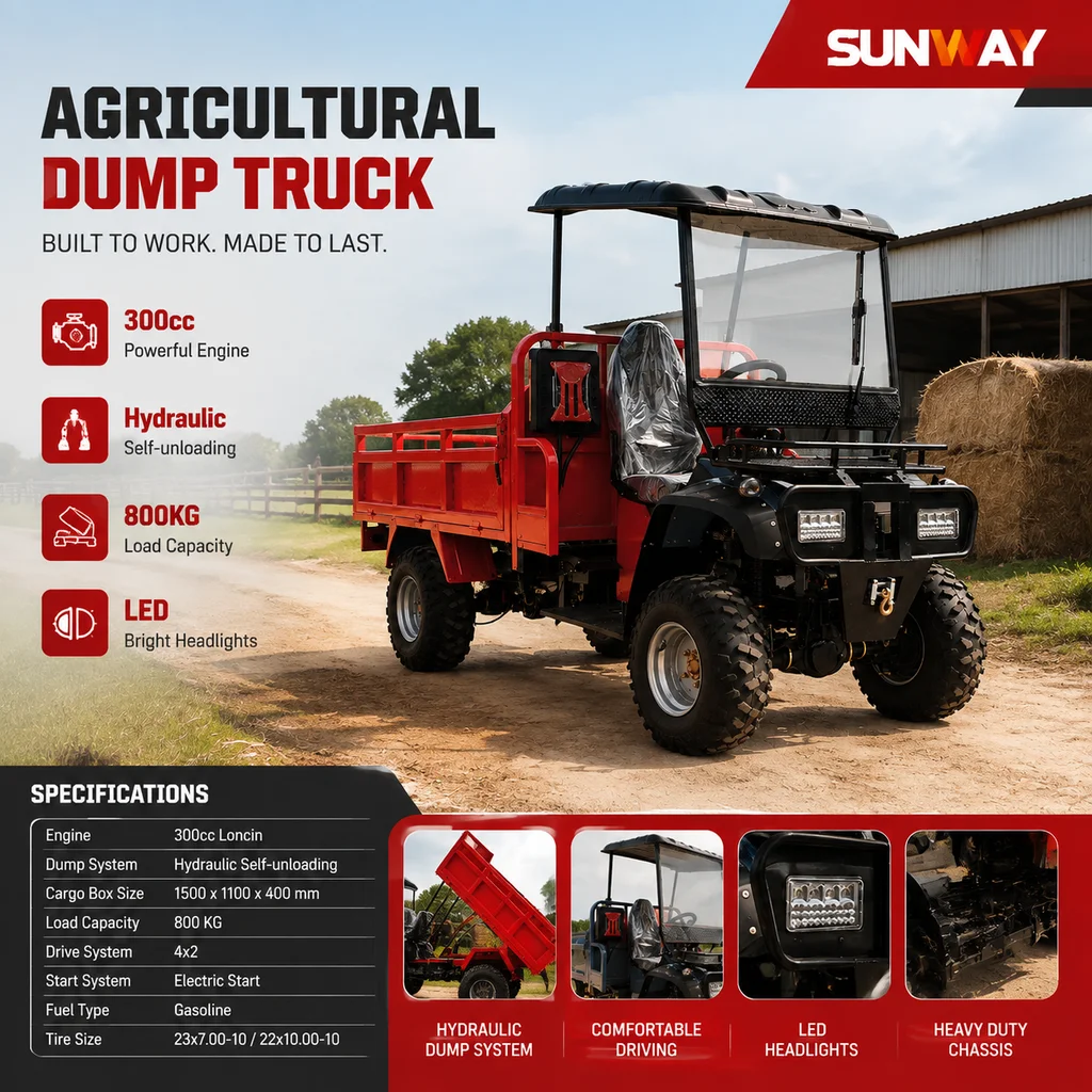 Agricultural Utility Dumper with LED Headlights Hydraulic Cargo Bed and Loncin 300cc Water Cooled Engine
