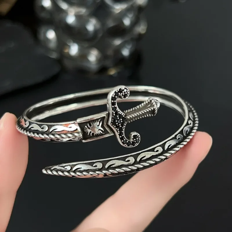 

Bracelet Silver 925 Retro Gothic Personality Sword Bangles Fashion Carved Diamond Set Open Jewelry Ring Men Cuff 2025 Nail