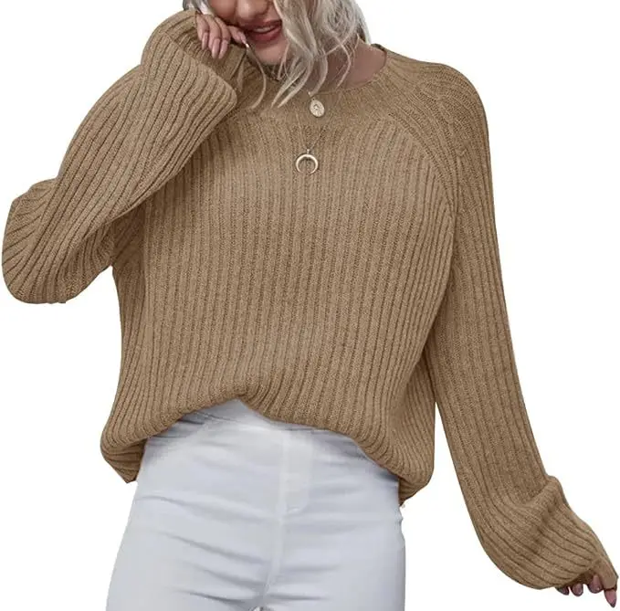 

Autumn and Winter Women’s New Fashion Sweater Round Neck Solid Color Casual Pullover Raglan Sleeves Loose Warm Thread Knitted