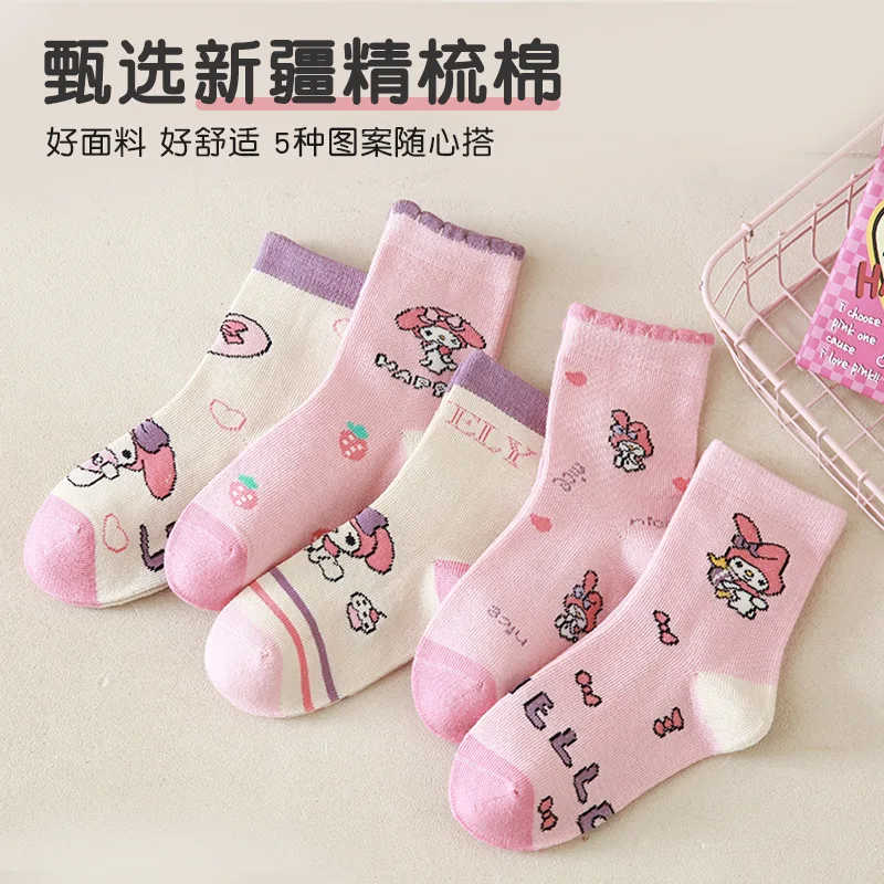 

5 пар детских носков My Melody Sanrio, осенние и зимние милые мягкие и прозрачные носки с героями мультфильмов для девочек, подарок для девочек