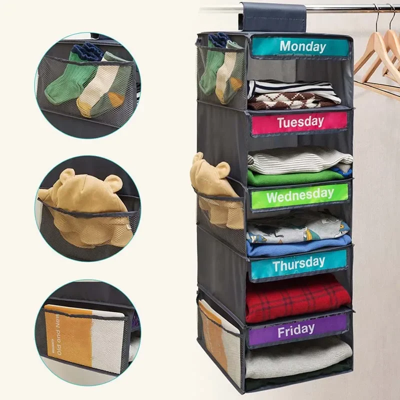 5 Layer Foldable Hanging Storage Bag with Label  Hanging Organizer for Adults Kids Weekly Clothes Organization Monday To Friday