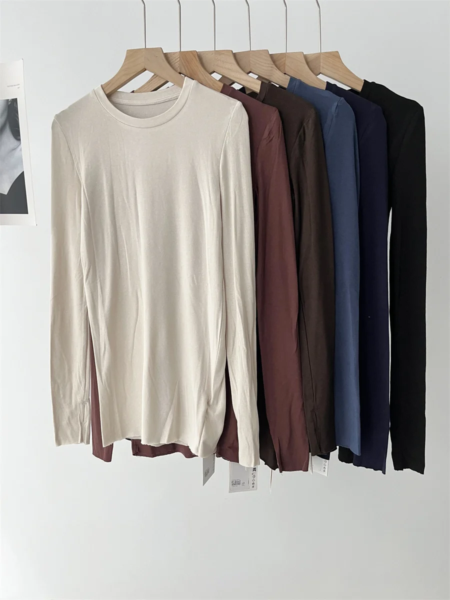 

Solid Color or Stripes Women O-Neck Thin Tshirt Early Autumn Long Sleeve Slim All-Match Pullover Ladies Bottoming Tops