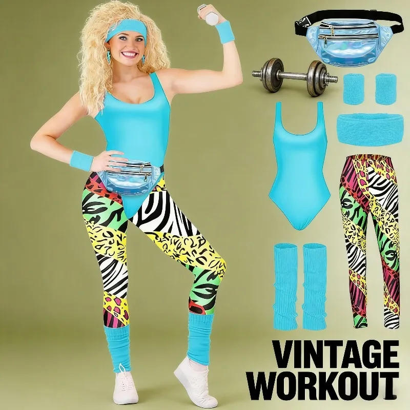 

80s Theme Party Outfit Women 1980s Retro Disco Costume Set with Leotard and Leggings 7 Piece