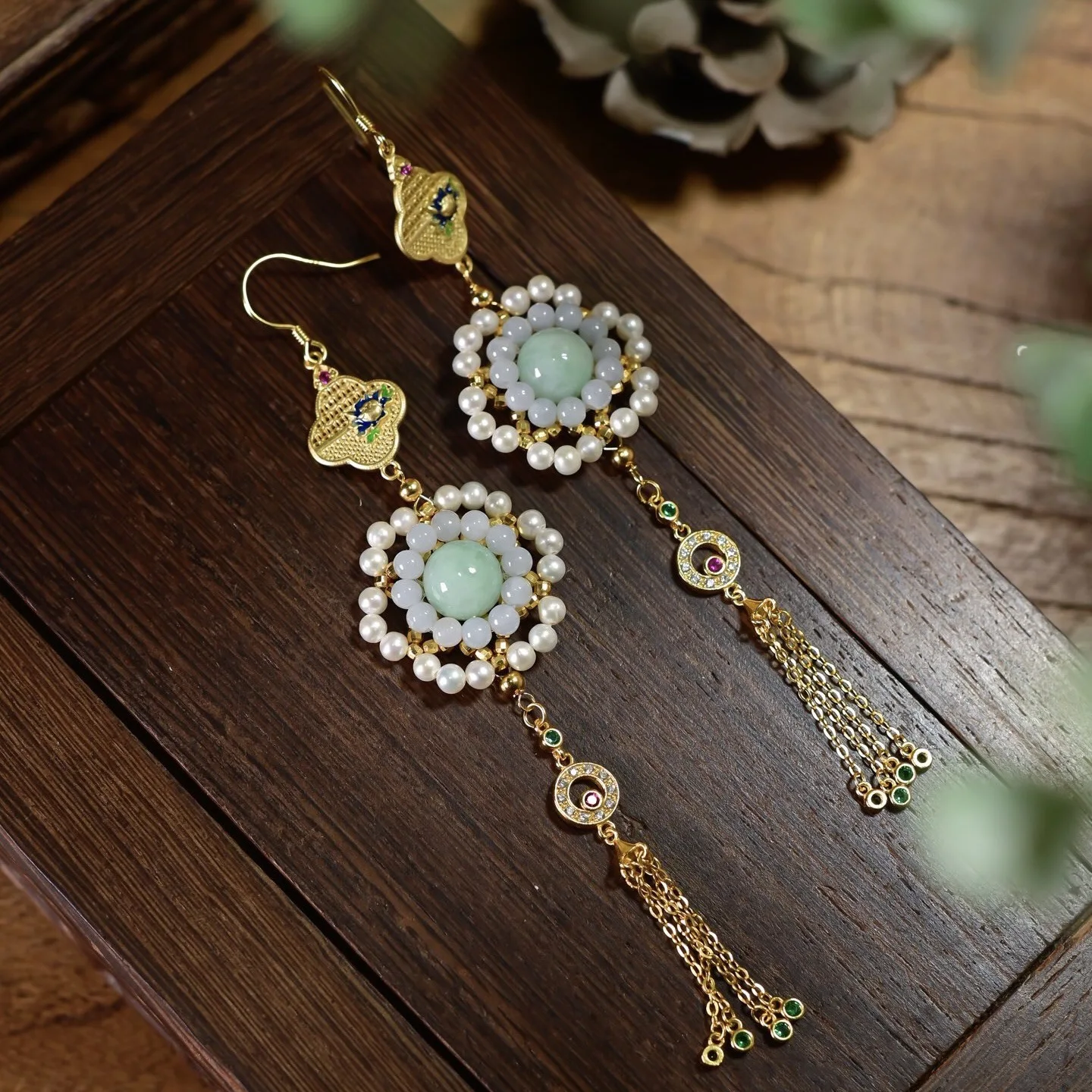 Handmade Natural Grade A Two-Tone Jadeite Sunflower Earrings Four Leaf Clover Tassel Gilded S925 Silver Women Ear Jewelry