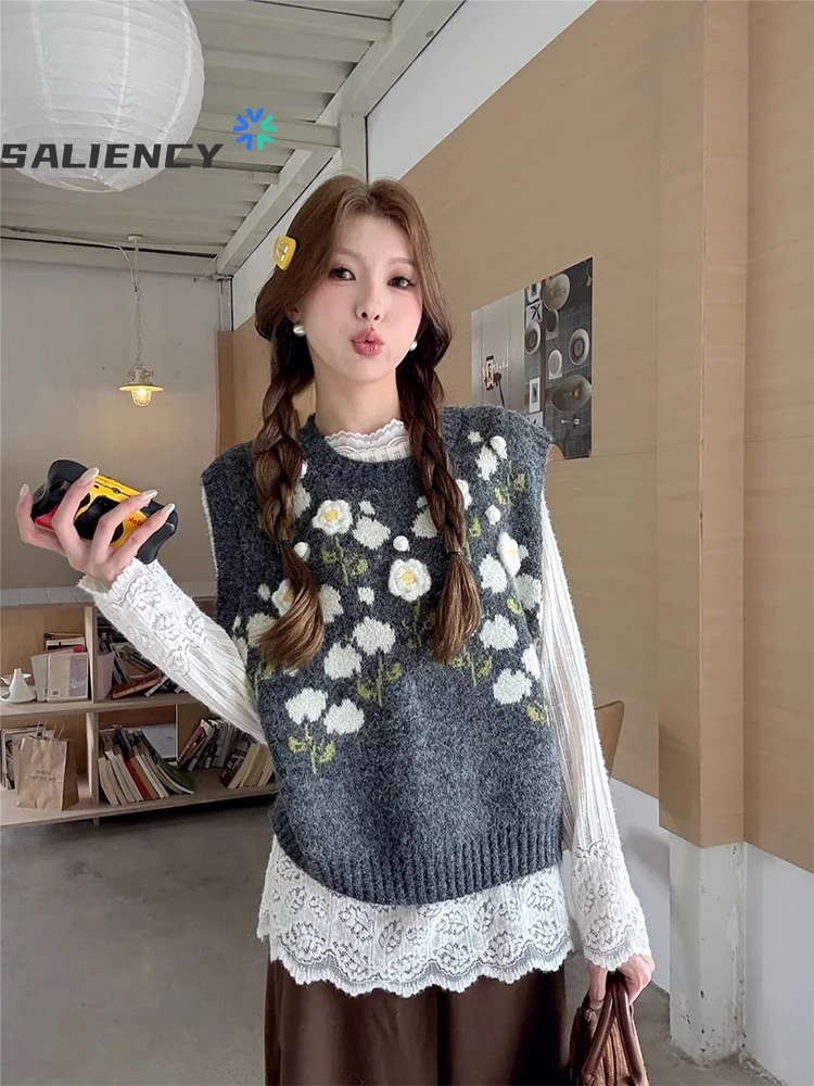 SALIENCY Autumn Sweet 3D Flower Knitted Vest Pullovers Korean Sleeveless Women's O Neck Sweater