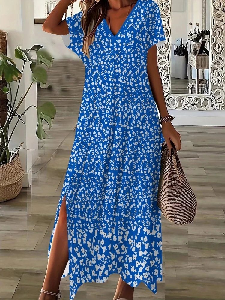 

3D Small Floral Print Women's Long Dress Summer Casual Women's Short-sleeved V-neck Dress Outdoor Street Fashion Women's Dress