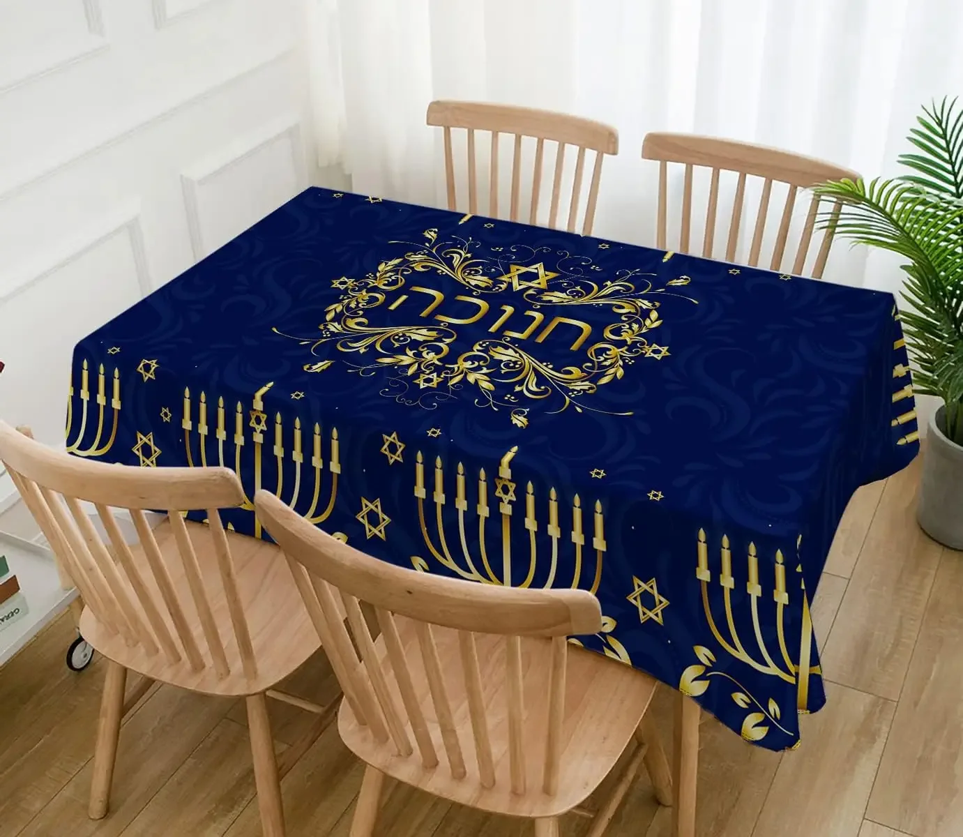 Hanukkah Rectangle Waterproof Tablecloth Jewish Chanukah Menorah Holiday Decoration Festival of Lights Dining Room Table Decor