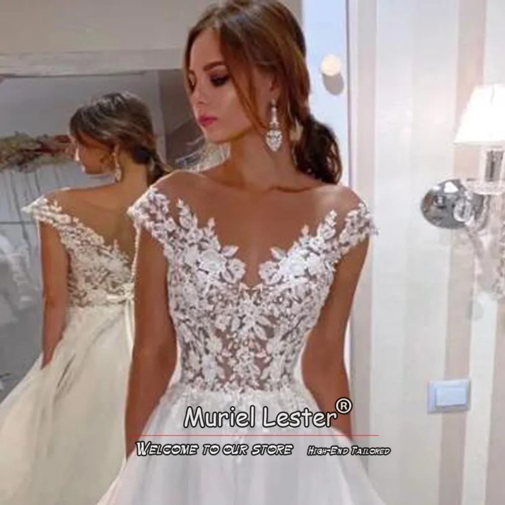 Vestido De novia De línea A romántico, apliques De ilusión con cuentas, Mangas De casquillo A medida, Vestido De tren De barrido