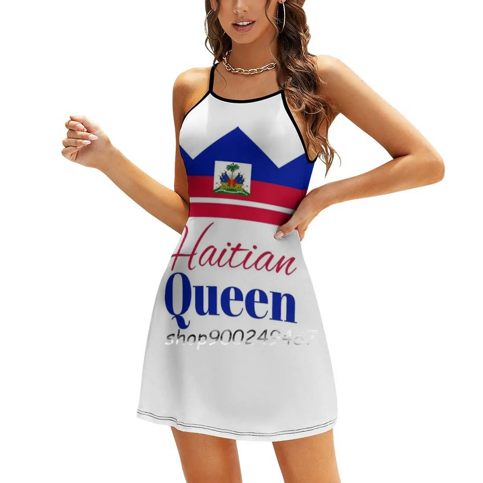 Haitian Queen Flag Crown Evening Party Dresses Midi Sexy Dress Female Sweet One Piece Dress Korean Haitian Queen Haiti Flag