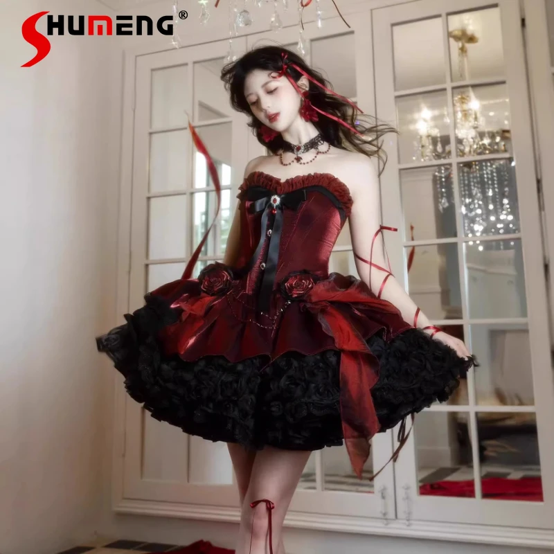 

Red Gothic Dark Strapless Mini Dress with Long Train Girls Woman's Slim Fit Elegant Birthday Party Dresses Princess Dress Jsk