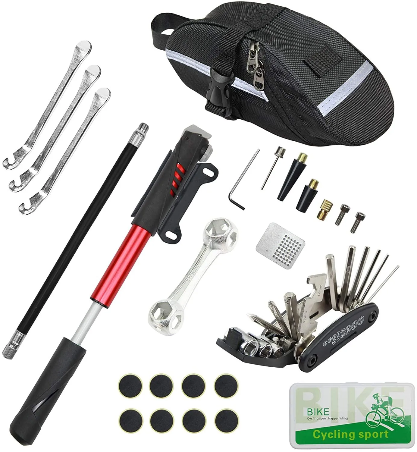

Bike Tyre Repair Tool Kit with Mini Pump Multi-Tool Home BikeTool Portable Patches Fixes Inflator Maintenance for Camping Travel