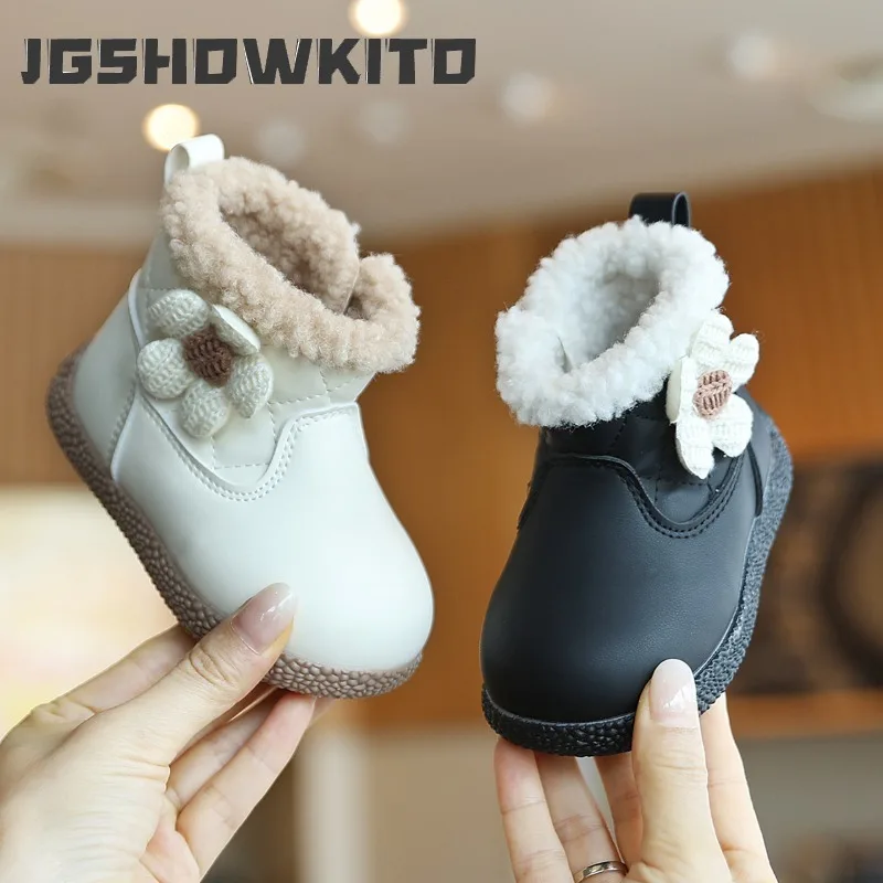 JGSHOWKITO Baby Girls Ankle Snow Boots Winter Sweet Flower Children Leather Boots Warm Furry Hairy Kids Non-slip Cotton Boots
