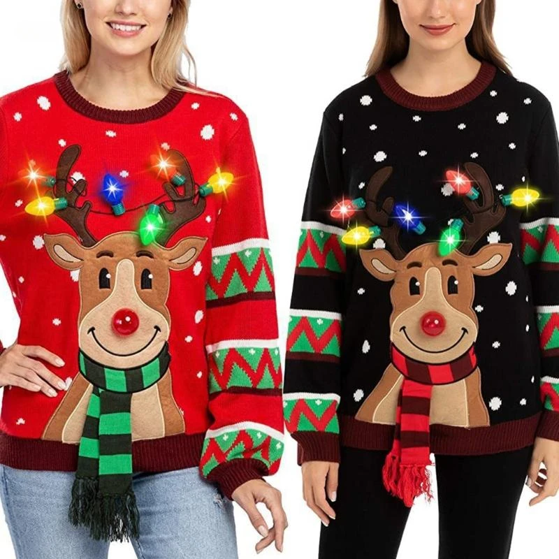2025, neuer Damen-Pullover mit LED-Leuchten, Weihnachts-Cartoon, Rentier-Strickpullover